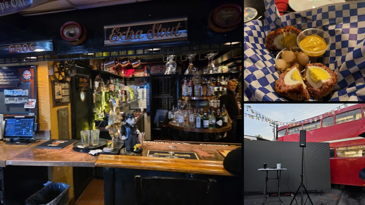 Casual dining space with booths, tables, and a lively bar.