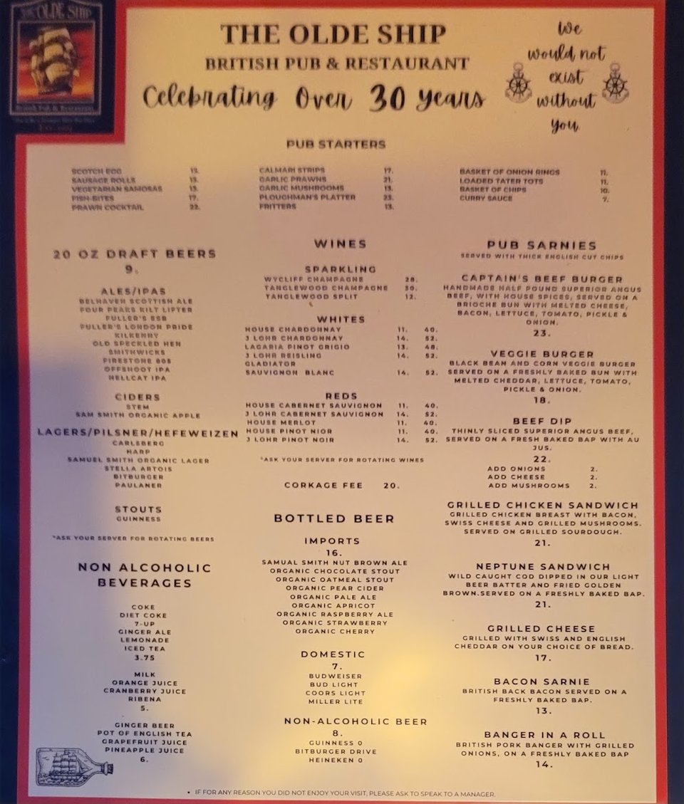 Restaurant menu layout with sections for drinks and meals.